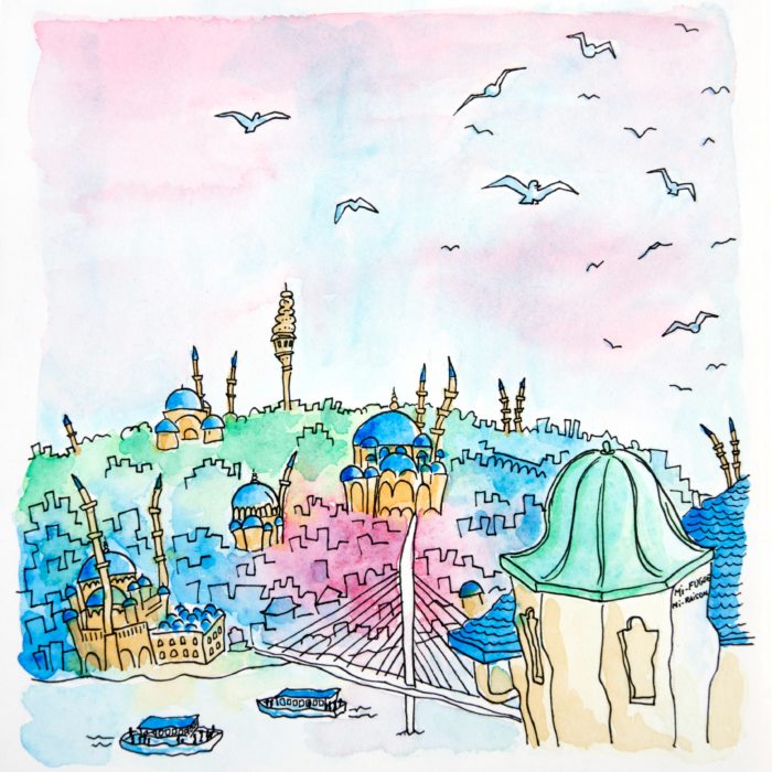 Dessin aquarelle d'Istanbul, vu depuis les hauteurs de Galata