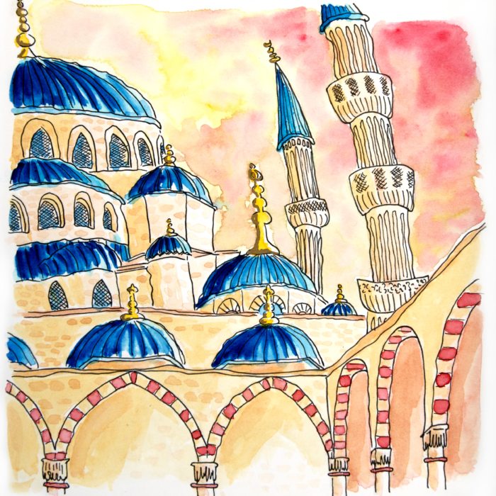 Dessin aquarelle de la mosquée bleue à Istanbul