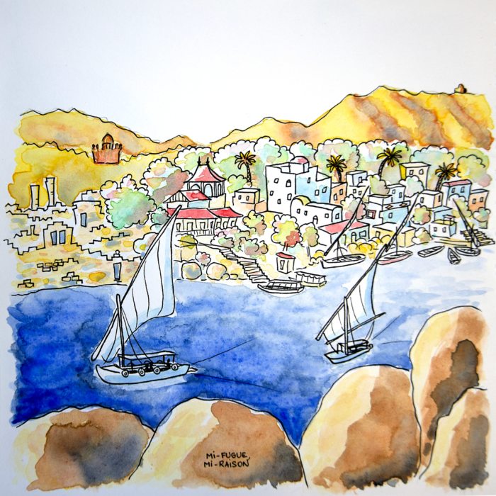 Aquarelle de felouques sur le Nil à Assouan