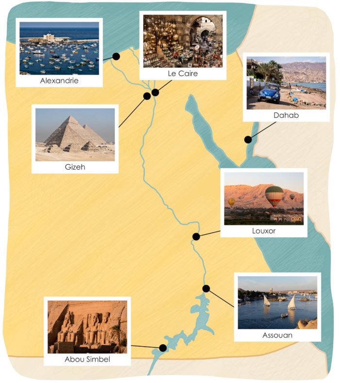 Carte touristique de l'Égypte, notre itinéraire