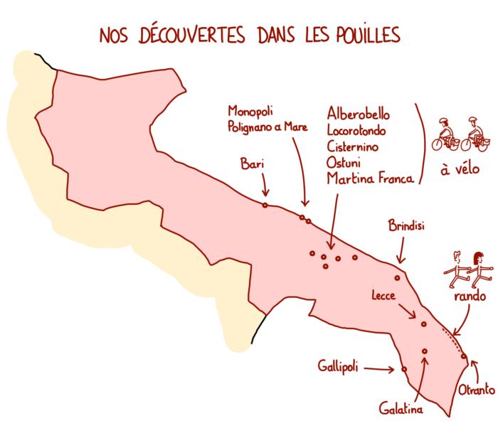 Tous nos conseils pour visiter les Pouilles dans notre article. Carte représentant les villes visitées