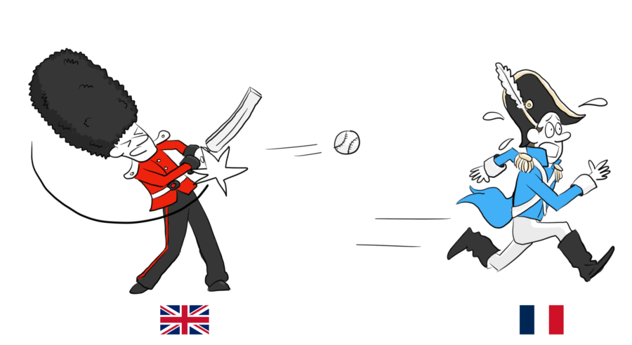 Dessin d'un soldat anglais qui fait fuir un français à coup de balle de cricket