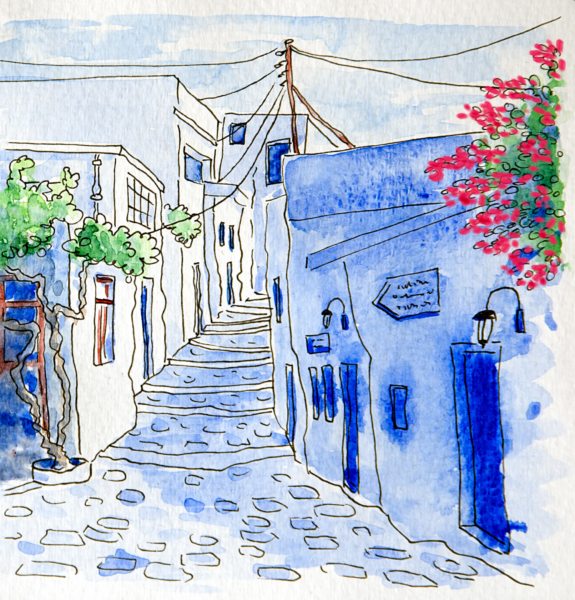 Aquarelle d'une ruelle à Apollonia, Sifnos