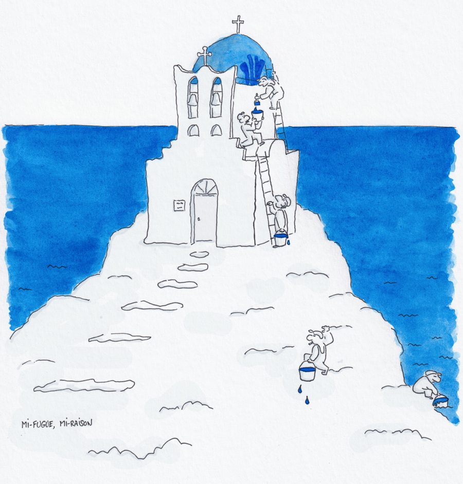 Dessin humour : peintre qui peignent le dôme bleu d'une église de Sifnos avec le bleu de la mer