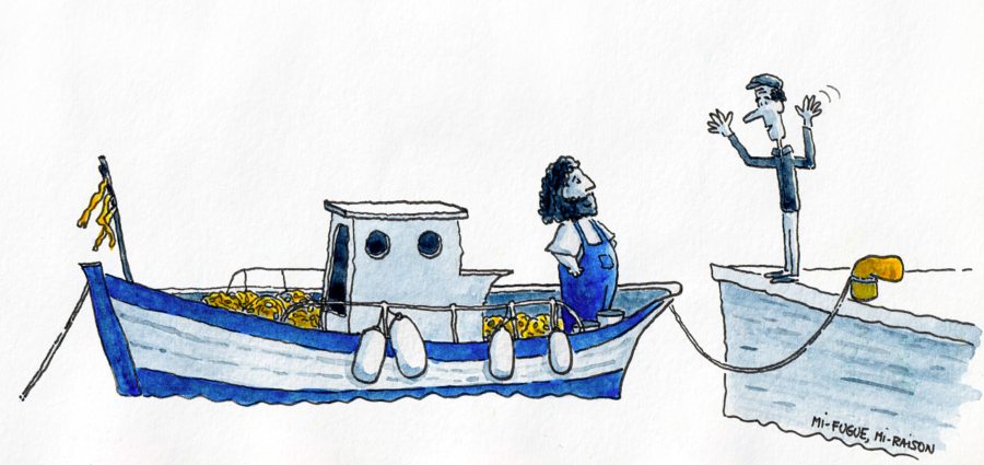 Dessin d'un pêcheur grec sur son bateau