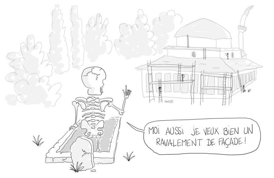 Dessin : squelette qui demande un ravalement de façade