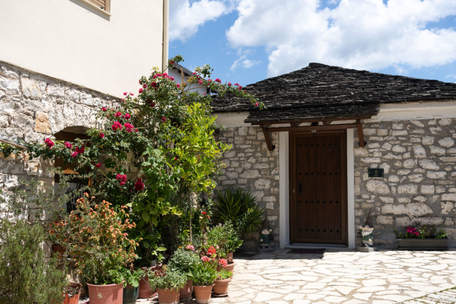 Visite de l'île de Ioannina : ruelle, plantes et maisons